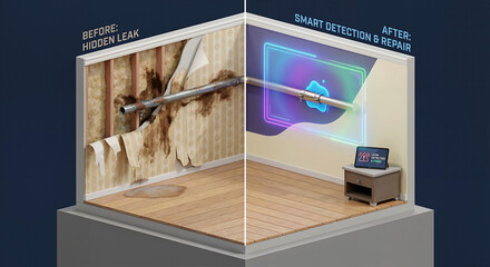 Hidden water pipe leak behind wallpaper before and smart detection with repair after. Wall damage prevention and plumbing technology illustration