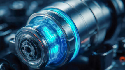 Futuristic glowing mechanical component with transparent casing illuminated by blue light in advanced technology equipment background
