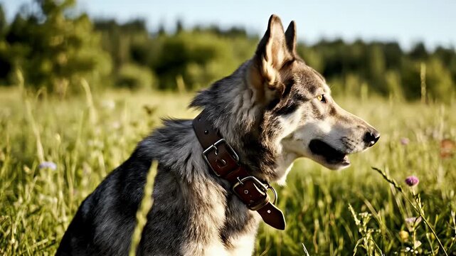 A Majestic Wolf Dog in a Meadow of Greenery Enjoying the Summer Sun Rays