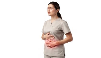 Individual practicing diaphragmatic breathing with hand on abdomen in a bright clinical setting demonstrating relaxation techniques for headache relief on a clean white background.