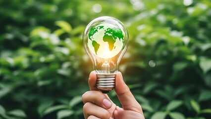 Hand holding a glowing light bulb with a vibrant green earth map inside symbolizing renewable energy and ecological conservation