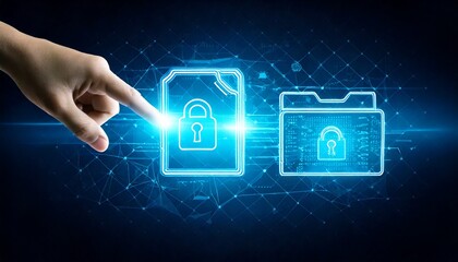 Hand touching glowing digital document and secure folder on dark gradient background 