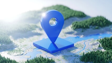 Stylized 3d rendering of a blue map pin marker on a digital globe with lush green forests and misty mountains showcasing navigation