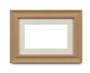 A light brown wooden picture frame with a white background
