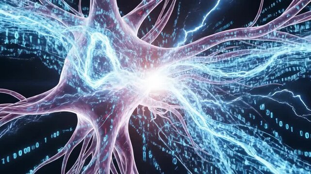 Abstract Animation Of A Neuron Sending Electric Impulses With Blue Digital Energy Flow Against A Dark Background With Subtle Binary Code Elements