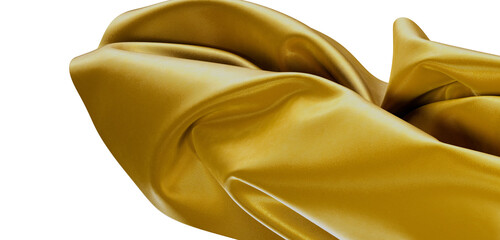 Close-up of golden fabric with beautiful texture and folds against a white background. This image evokes feelings of lux