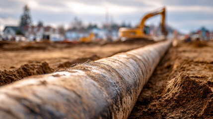 Naklejka premium Large metal pipeline being installed underground with construction machinery in the background at a work site during daytime excavation process