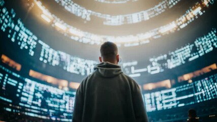 Young man standing inside immersive digital arena surrounded by data streams symbolizing analytics artificial intelligence cybersecurity decision making and modern technology driven strategic - Powered by Adobe
