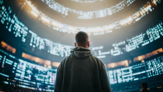 Young man standing inside immersive digital arena surrounded by data streams symbolizing analytics artificial intelligence cybersecurity decision making and modern technology driven strategic