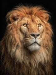 Majestic lion portrait with golden mane looking thoughtfully into the distance against a dark background showcasing natural beauty and strength