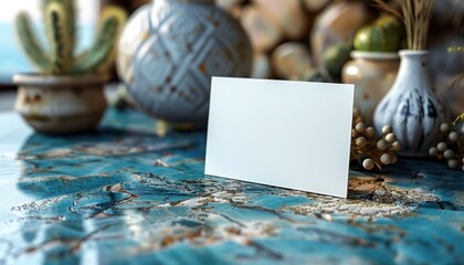 A blank card on a blue marbled surface with vases and a cactus in the background