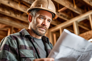 A construction worker studies blueprints, wearing a hard hat, in a wooden framework, focused on the task at hand.