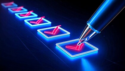 Pen marking glowing checklist boxes with red checks glowing boxes blue glow 