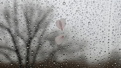 Abstract textured background of rain water drops on window glass with blurred tree branches and a single pink cherry blossom petal