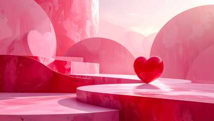 Pink Abstract Podium with Glossy Red Heart for Valentine Day
