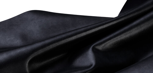 Close up of black silk or satin fabric with a wave texture. Dark elegance background for fashion, textiles and design pr