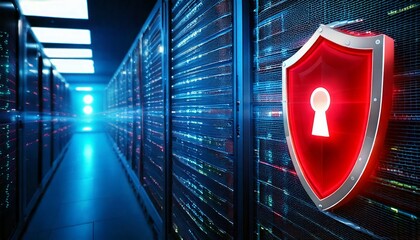 Red glowing shield with keyhole symbol on server rack in data center with rows of servers an.jpg