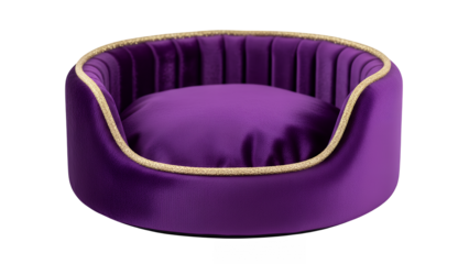 A luxurious purple velvet dog bed with gold trim, comfortable and stylish, isolated on transparent background