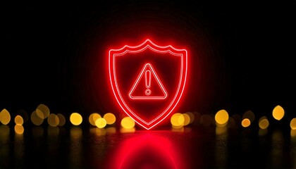 Red neon shield with warning sign on dark background with bokeh lights exclamation mark 