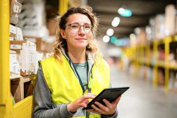 A woman in a yellow vest stands in a warehouse, holding a tablet and smiling amidst shelves filled with boxes.