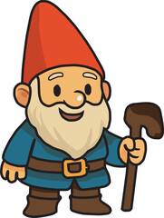 Fototapeta premium Garden Gnome with Cane Fantasy Character Illustration for Sticker and Kid Design