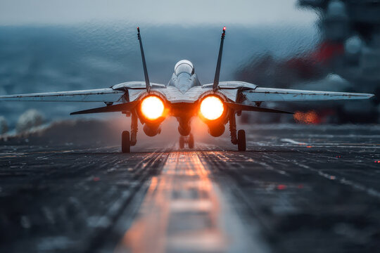 Military fighter jet taking off with afterburners blazing on an aircraft carrier runway during low light conditions at sea