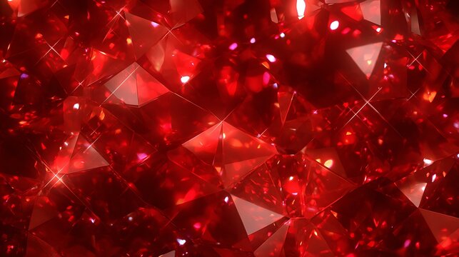 Close-up of glittering, faceted, red precious stones, reflecting light and creating a fiery effect