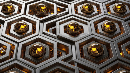 Hexagonal metal structure with glowing yellow lights inside each cell transparent background