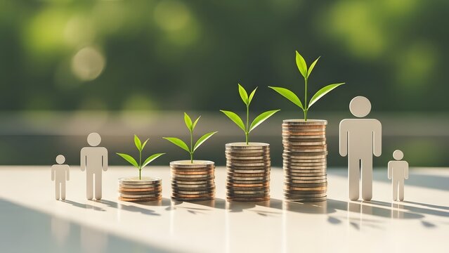 Family wealth accumulation and long term investment. Multi generational financial planning. Paper people figures standing next to rising stacks of coins with green leaves growing