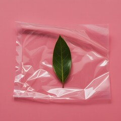 A single green leaf in a clear plastic bag on pink background