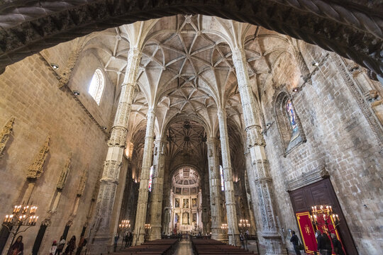 View of soaring stone columns and intricate vaulted ceilings converge in a grand display of gothic architecture inside Jer&Atilde;&sup3;nimos Monastery, Lisbon, Lisbon, Portugal.