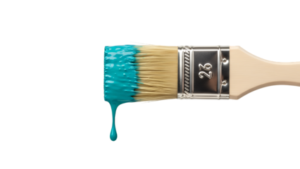A large paintbrush with blue paint dripping from its bristles isolated on transparent background
