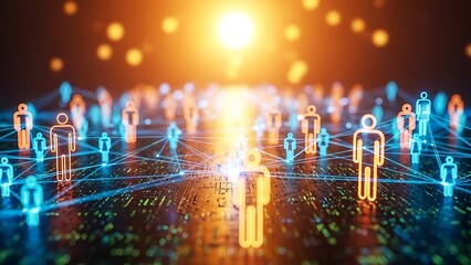 Abstract glowing network of human figures connected by luminous lines representing global digital communication and futuristic