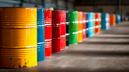 Vibrant colorful metal barrels neatly lined up in an industrial warehouse with a shallow depth of field creating a bright and orderly visual composition