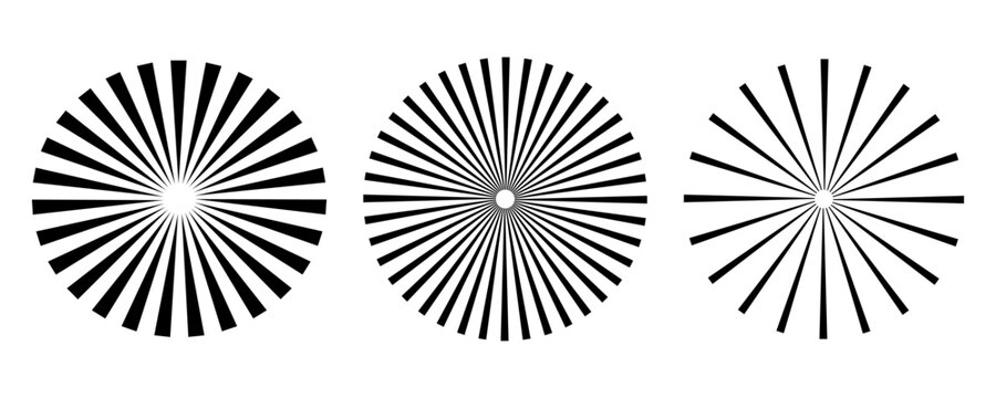 Sun star rays, burst. Radial circle radiation lines. Sun star rays, burst.  Circulars lines beams. Spokes with radiating stripes grid. Vector graphic. Abstract illusion geometric pattern.