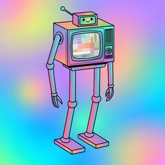 A colorful cartoon robot made from a vintage television set with a happy face