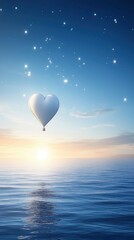 Fototapeta premium Romantic heart hot air balloon soaring above a tranquil ocean at sunrise under a starry sky