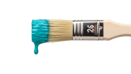 A paintbrush with blue paint dripping from the bristles, isolated on transparent background