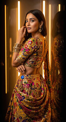 Elegant Indian Woman in Golden Embroidered Lehenga with Traditional Jewelry