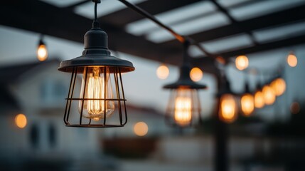 Warm glow from hanging outdoor string lights illuminates evening patio scene, decorative Edison bulbs shine.