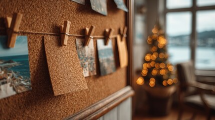 Cork board holds travel photos with wooden pins, warm Christmas tree lights shimmer nearby.