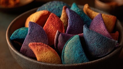 Vibrant many colored crispy snacks featuring unique triangular shapes reside within dark ceramic bowl.