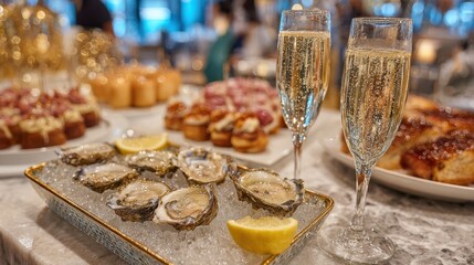 Gourmet fresh oysters arranged on crushed ice with lemon slices await enjoyment with sparkling champagne.