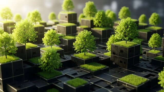 Green trees growing on black cubic landscape blocks. Sustainable city and eco friendly urban planning. Modern architecture with plants and grass for environmental conservation