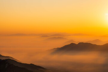 Sunrise at Bukhansan Mountain and morning sky with beautiful sea of ​​clouds at Bukhansan National Park, Seoul, South Korea.