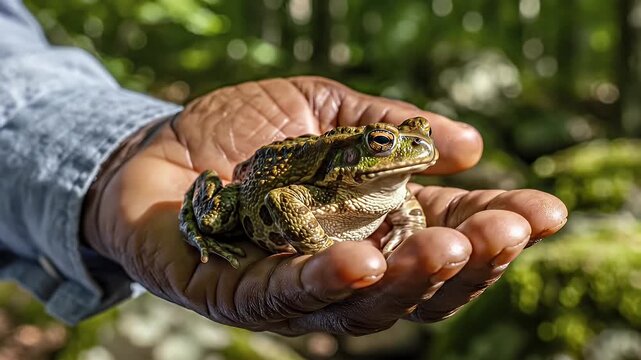 American toad sitting comfortably on a human hand, closeup detail shot