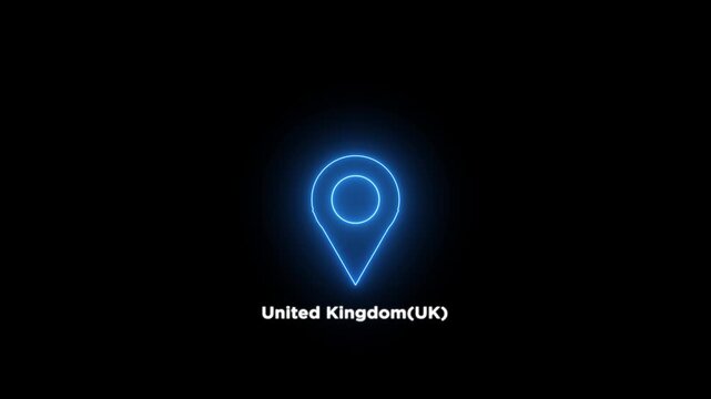 Neon glowing blue location pin looped icon with the word United kingdom on a black background. Modern uk country map marker design. Place search and direction animated.4k video.