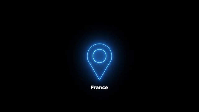 Neon glowing blue location pin looped icon with the word France on a black background. Modern France country map marker design. Place search and direction animated.4k video.
