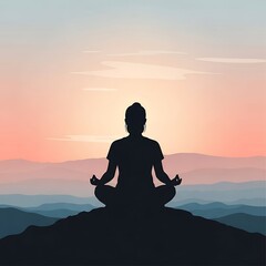 Woman silhouette meditating in lotus position on mountain top during beautiful sunrise or sunset