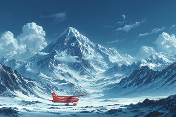 A red airplane rests on a vast snow-covered winter landscape, surrounded by majestic mountains under a clear sky. This cold wilderness scene highlights nature's raw beauty.